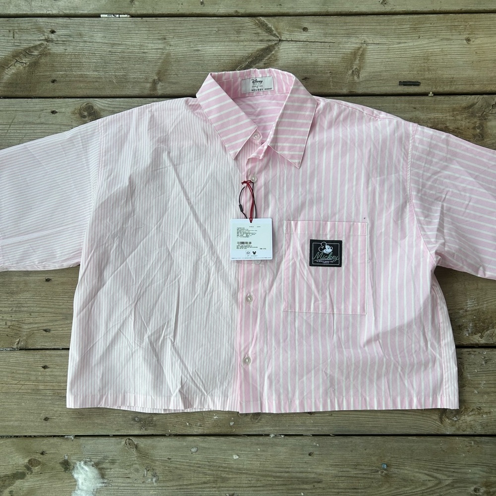SOLD Moussy x Disney Mickey Mouse Collab Pink White Striped Crop Button Shirt
